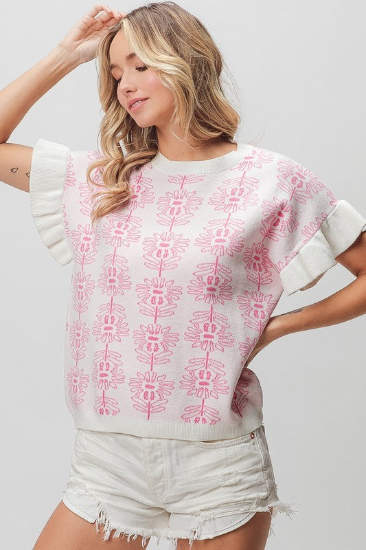 Flower Pattern Ruffled Sweater Top Ivory/Fuchsia