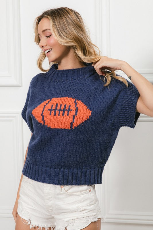 Football Pattern Sleeveless Sweater Navy