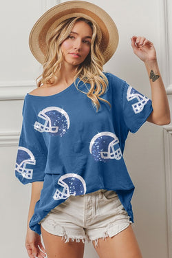 Sequin Football Helmet Patch Top Navy