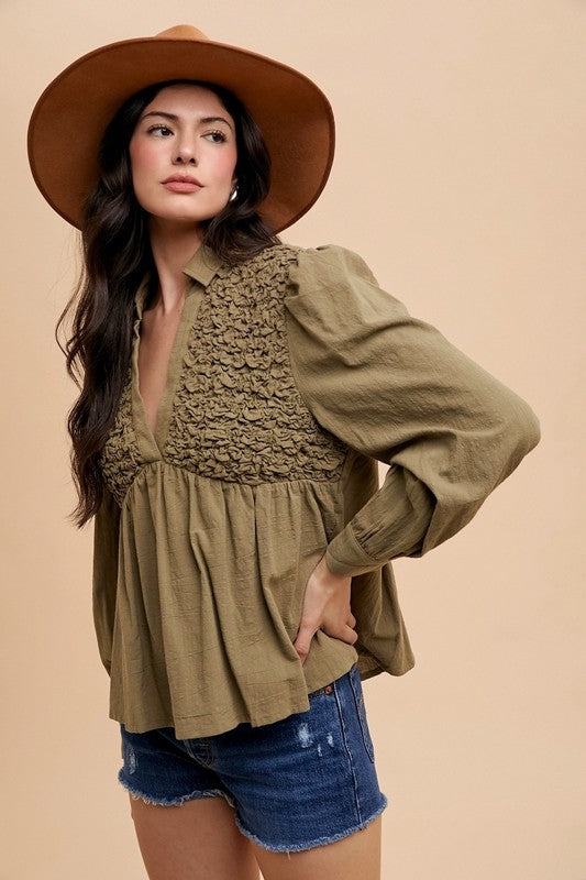 Honeycomb Smocking babydoll Top Olive