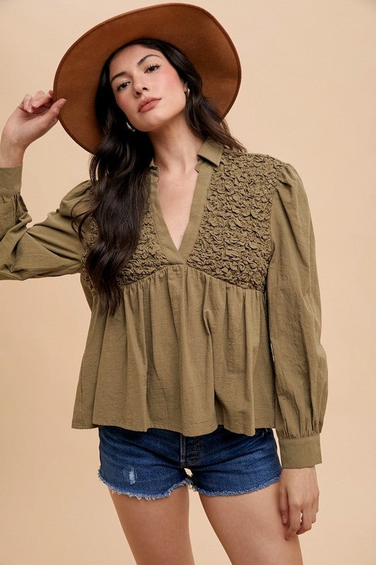 Honeycomb Smocking babydoll Top Olive