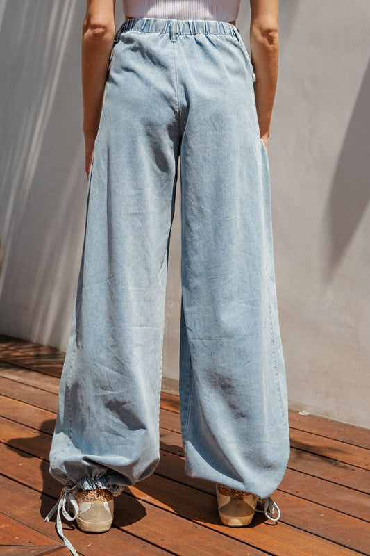 MIneral Washed Wide Leg Cinch Pants Denim