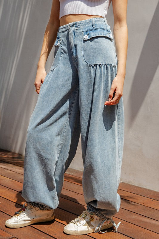 MIneral Washed Wide Leg Cinch Pants Denim