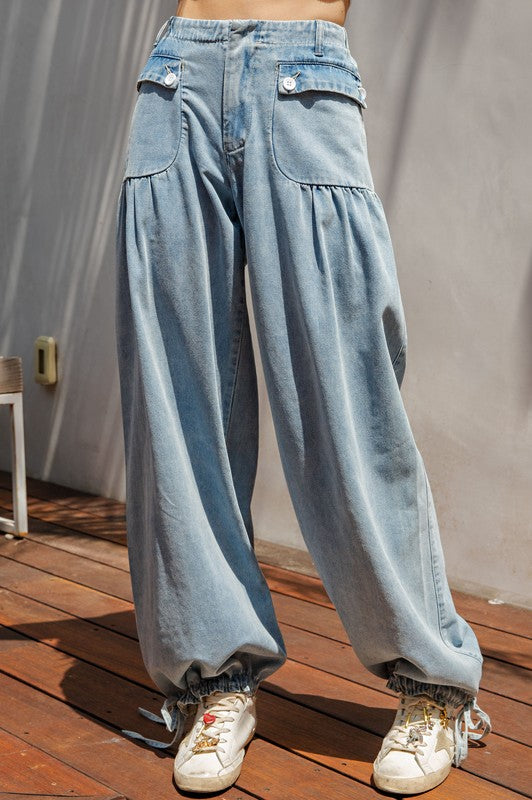 MIneral Washed Wide Leg Cinch Pants Denim