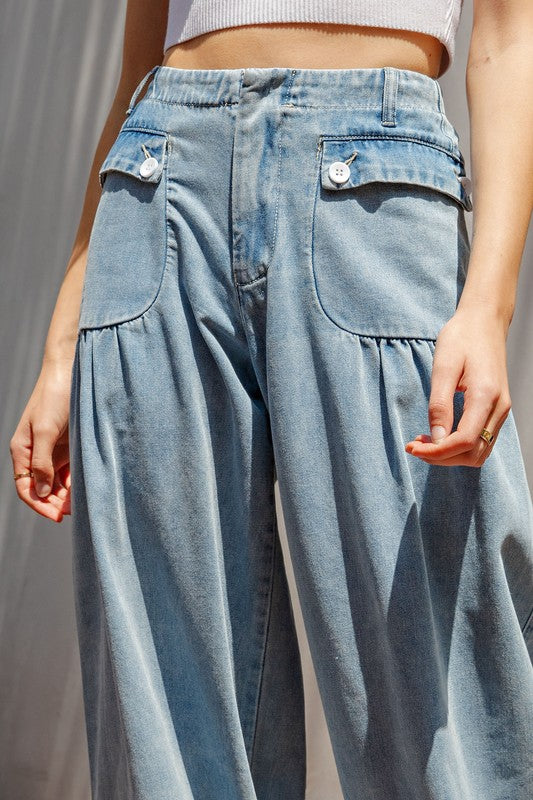 MIneral Washed Wide Leg Cinch Pants Denim