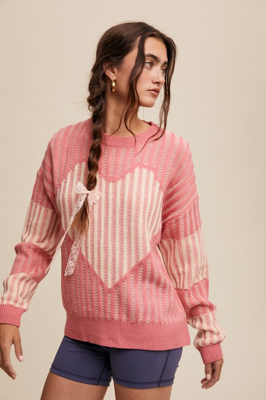 Contrast Knit Heart Sweater Bubble Gum