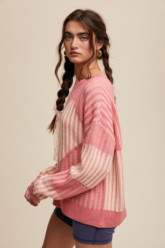 Contrast Knit Heart Sweater Bubble Gum