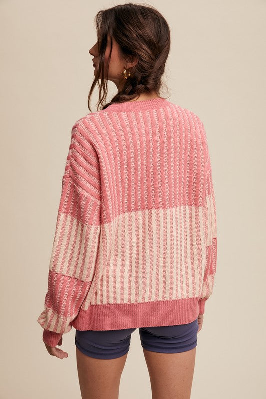 Contrast Knit Heart Sweater Bubble Gum