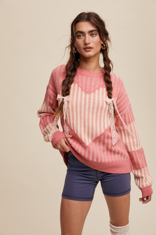 Contrast Knit Heart Sweater Bubble Gum