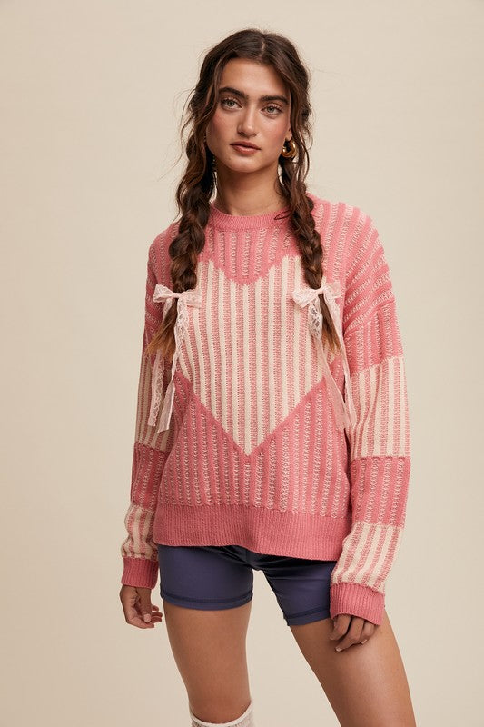 Contrast Knit Heart Sweater Bubble Gum