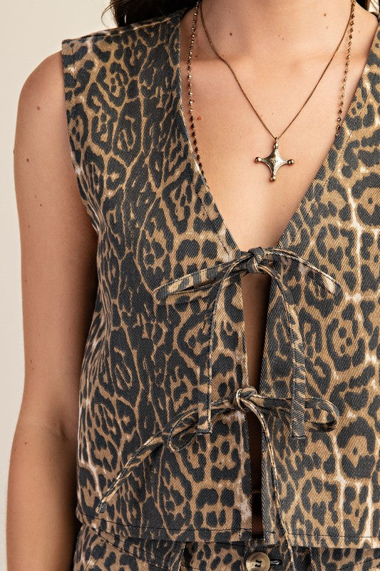 Leopard Print Tie Front Vest Brown