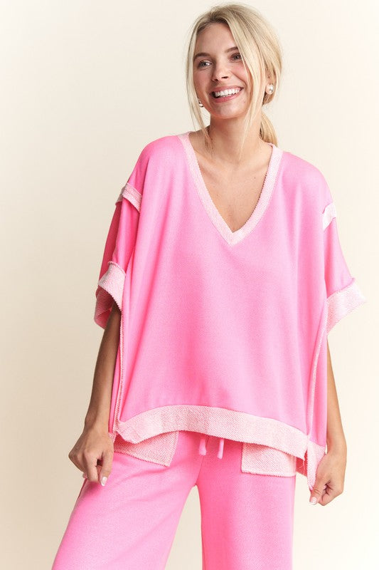 Loopterry Vneck Halfsleeve Top Fuchsia