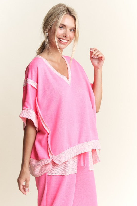 Loopterry Vneck Halfsleeve Top Fuchsia