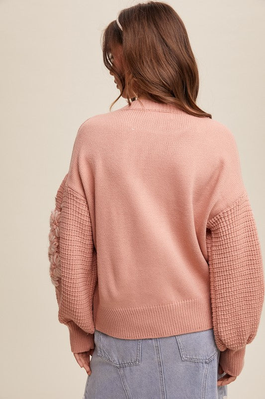 Embroidered Flower Detail Knit Sweater Blush