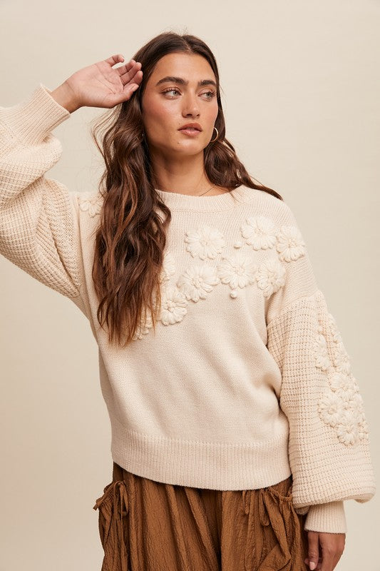 Embroidered Flower Detail Knit Sweater Ivory