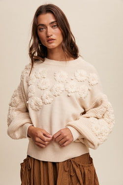 Embroidered Flower Detail Knit Sweater Ivory