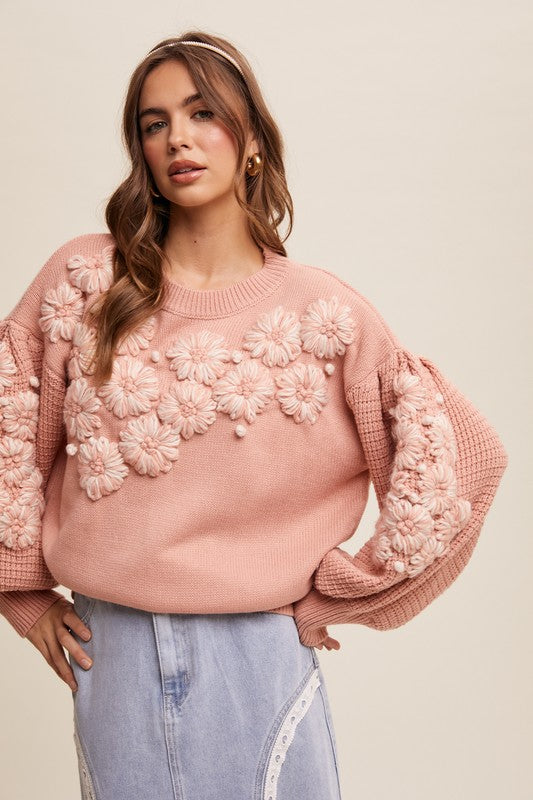 Embroidered Flower Detail Knit Sweater Blush