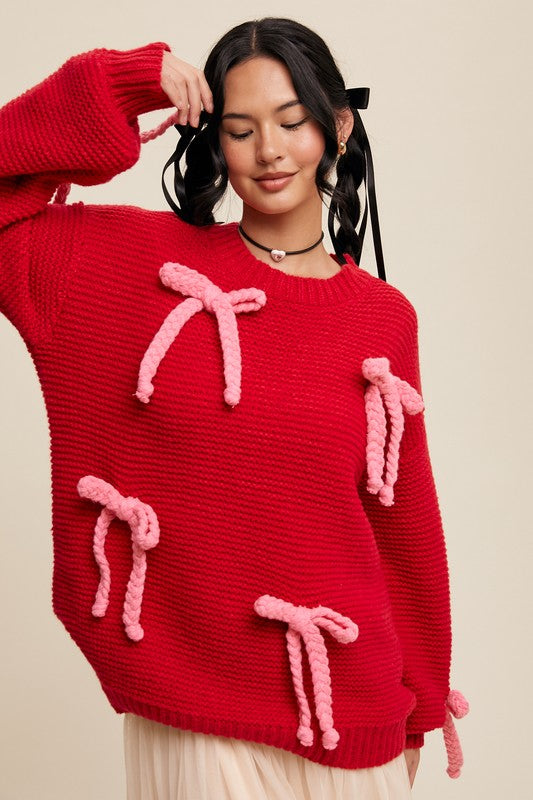 Bows All Over Chunky Knit Sweater Red