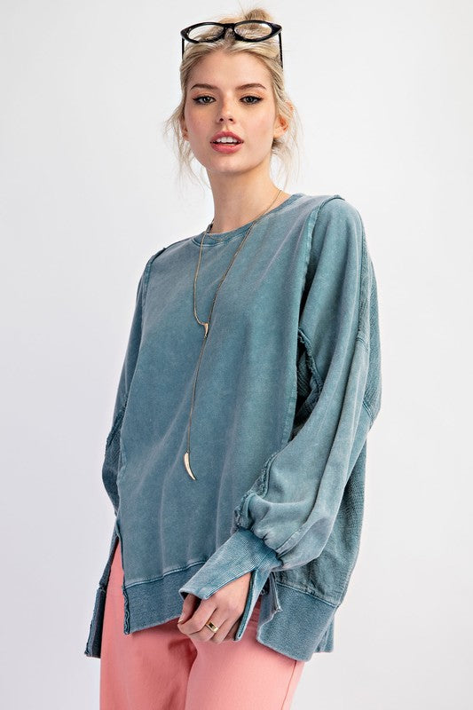 Lace Mix Mineral Washed Pullover Teal Green