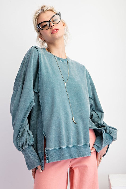 Lace Mix Mineral Washed Pullover Teal Green