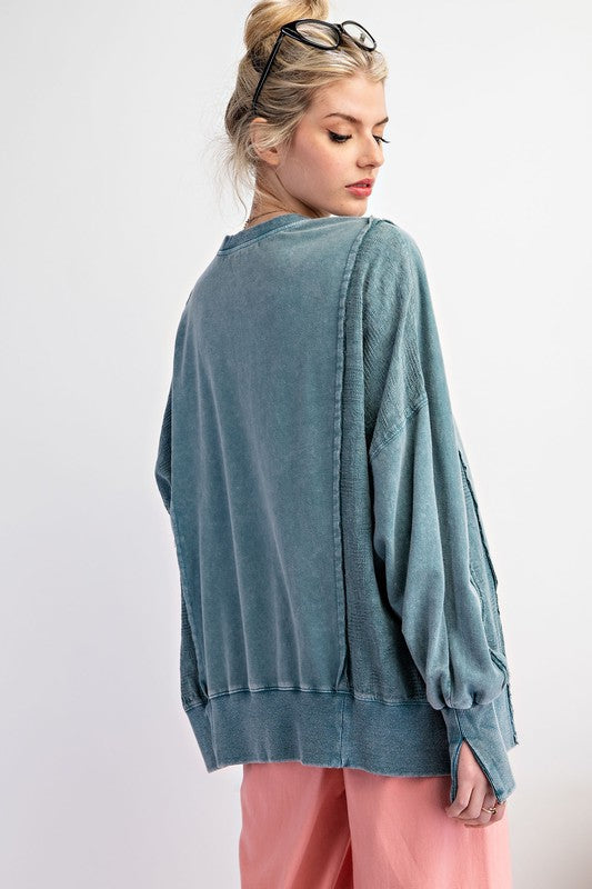 Lace Mix Mineral Washed Pullover Teal Green