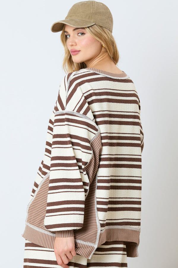 Striped Mixed Loose Fit Top Brown/Cream