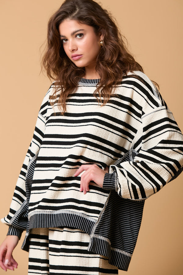 Striped Mixed Loose Fit Top Black/Cream