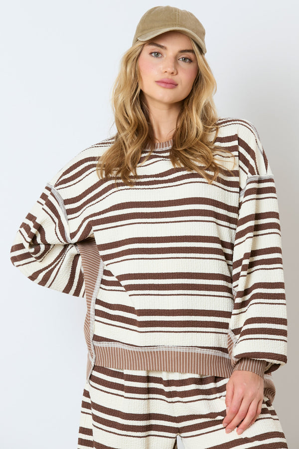 Striped Mixed Loose Fit Top Brown/Cream