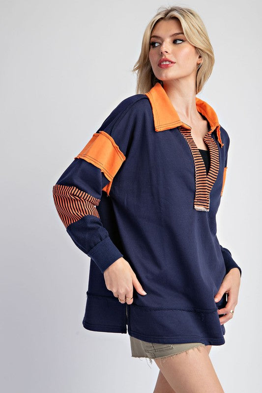 Soft Washed Color Block Top Pumpkin Navy