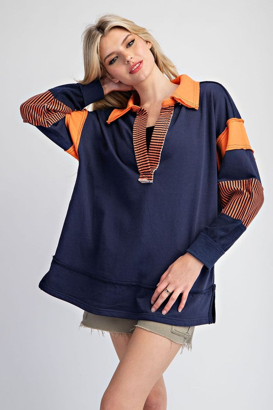 Soft Washed Color Block Top Pumpkin Navy