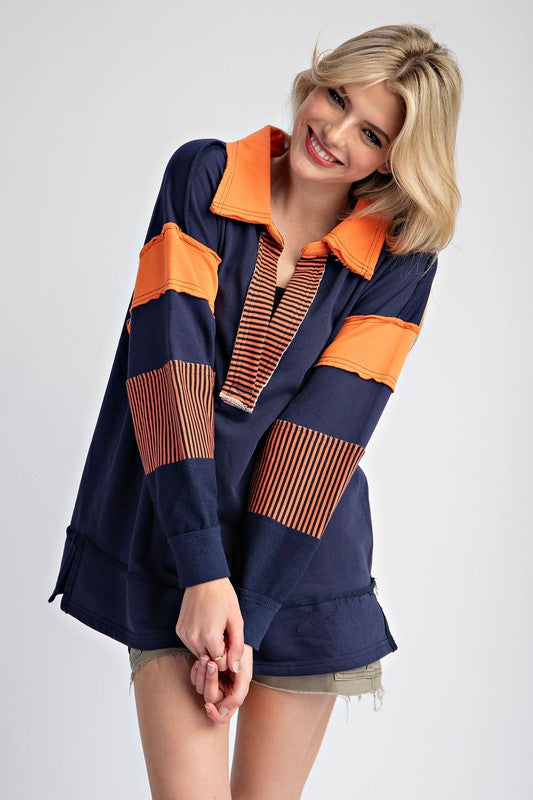 Soft Washed Color Block Top Pumpkin Navy