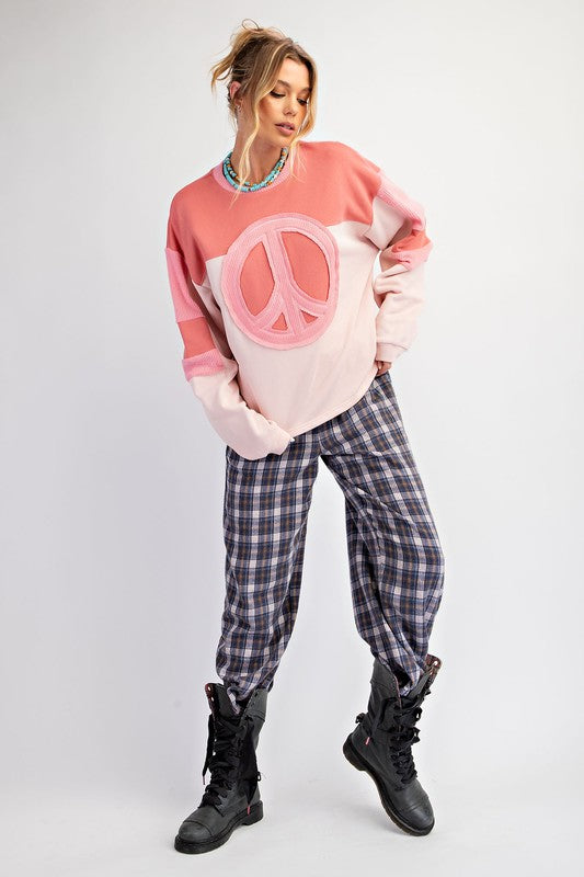 Peace Patch Front Terry Knit Pullover Rose Pink