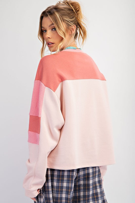 Peace Patch Front Terry Knit Pullover Rose Pink