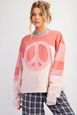 Peace Patch Front Terry Knit Pullover Rose Pink