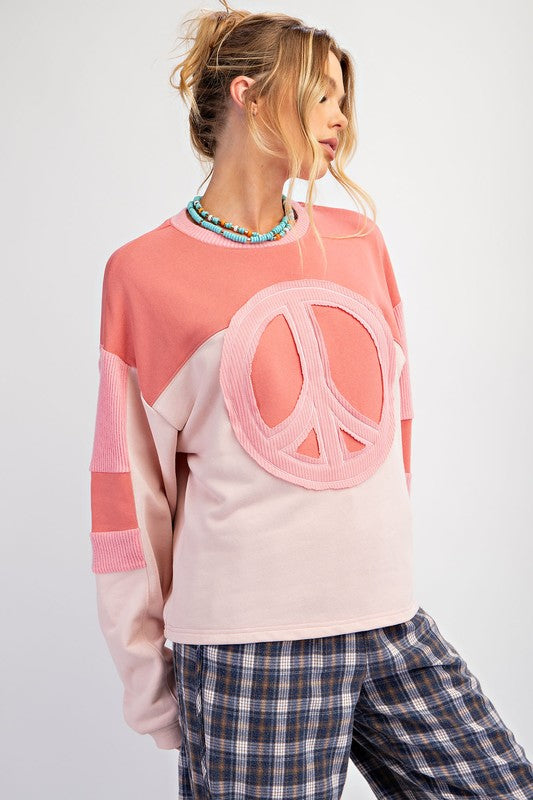 Peace Patch Front Terry Knit Pullover Rose Pink