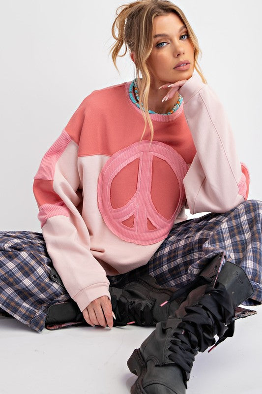 Peace Patch Front Terry Knit Pullover Rose Pink