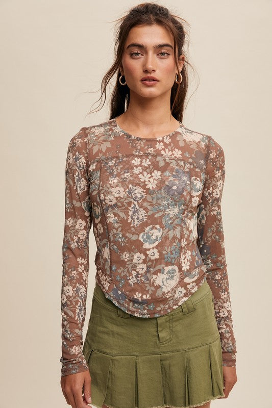 Floral Print Mesh Fitted Top Brown