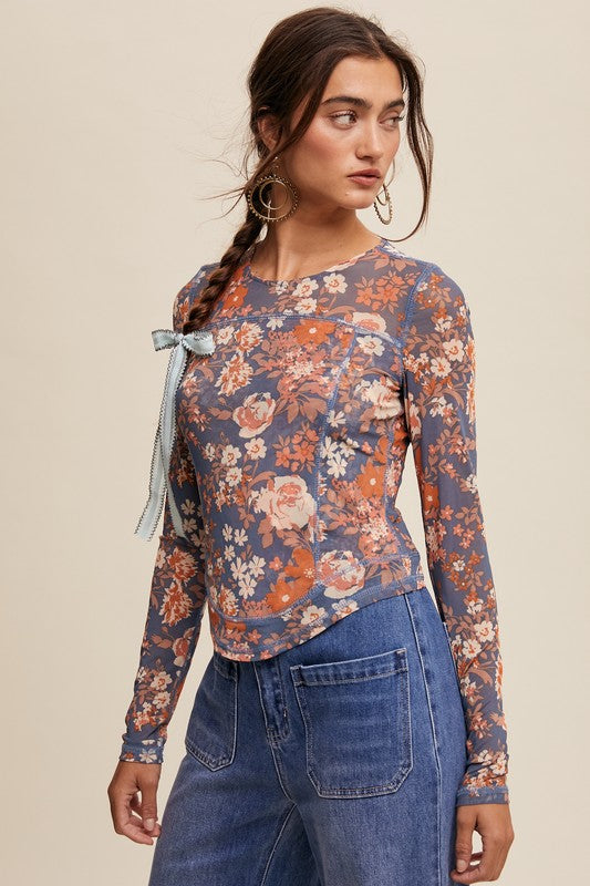 Floral Print Mesh Fitted Top Denim