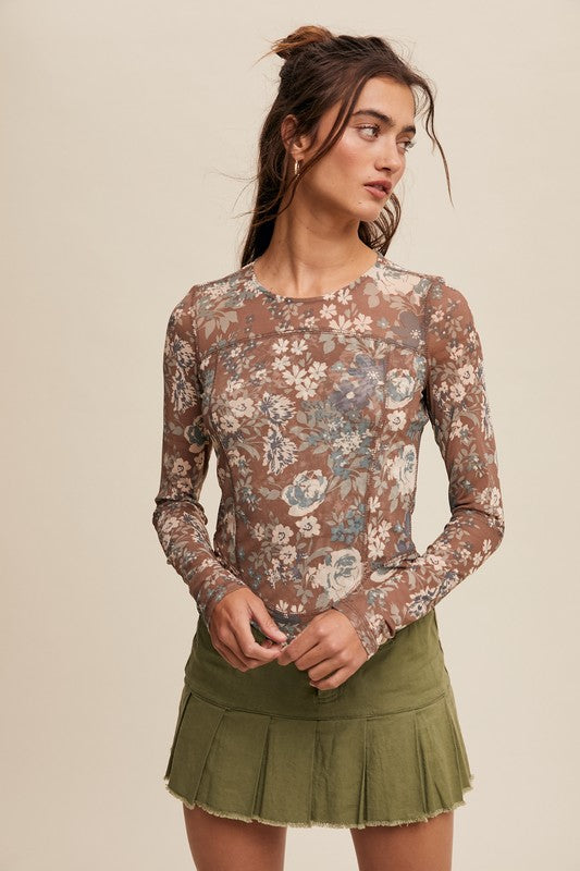 Floral Print Mesh Fitted Top Brown