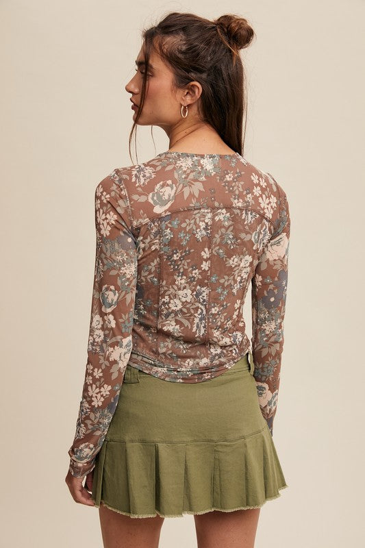 Floral Print Mesh Fitted Top Brown