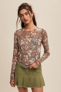 Floral Print Mesh Fitted Top Brown