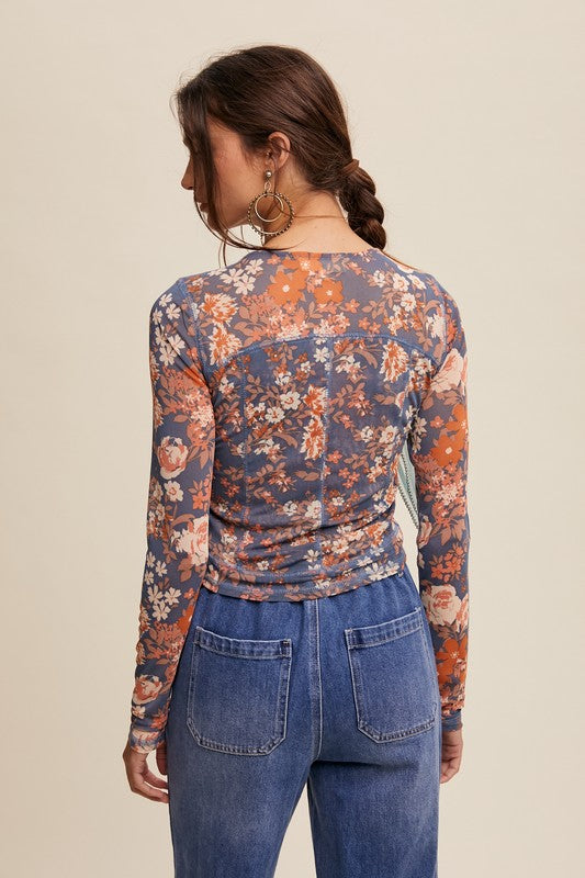 Floral Print Mesh Fitted Top Denim