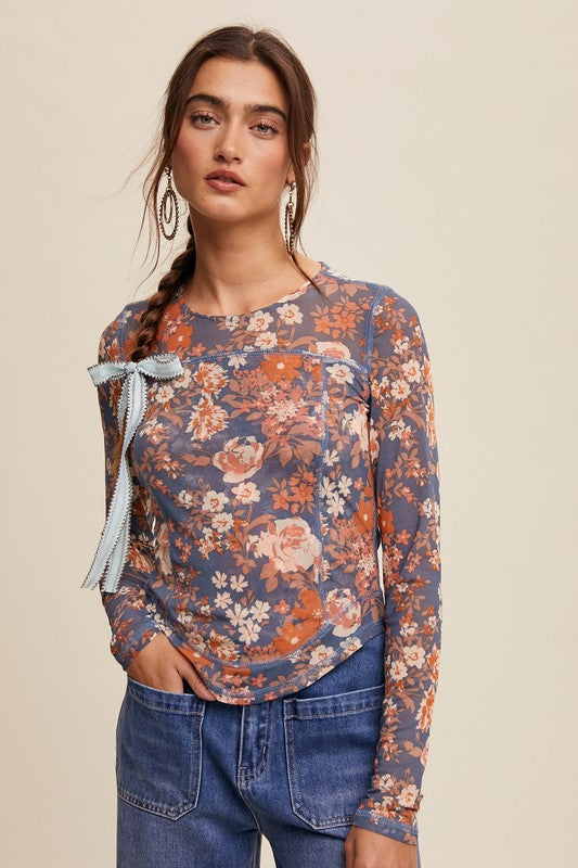 Floral Print Mesh Fitted Top Denim