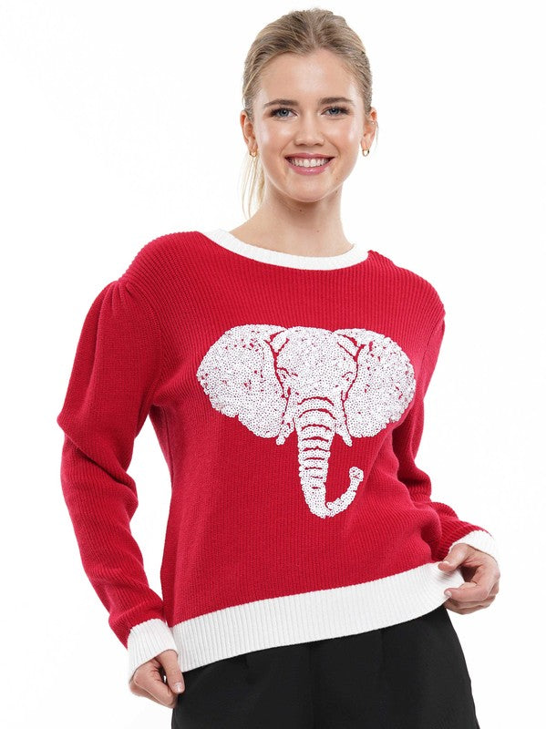 Sequin Big Elephant Alabama Long Sleeve Sweater Red