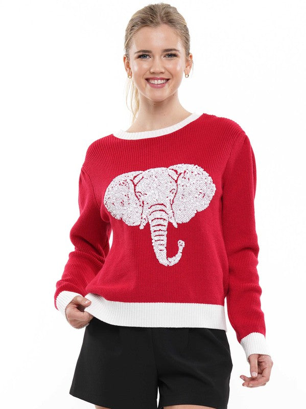 Sequin Big Elephant Alabama Long Sleeve Sweater Red