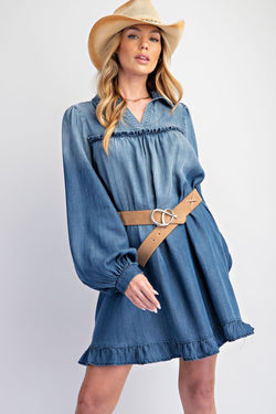 Washed Denim Ruffle Bottom Dress Dark