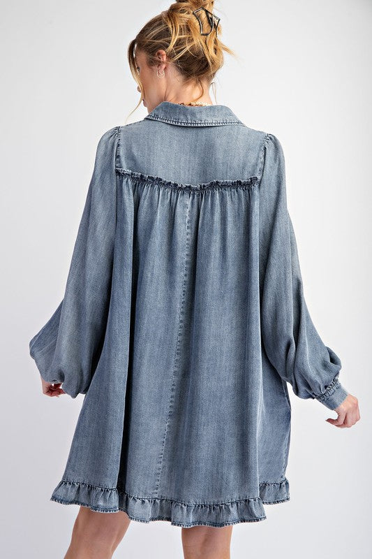 Washed Denim Ruffle Bottom Dress Washed