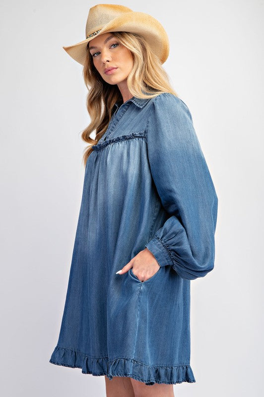 Washed Denim Ruffle Bottom Dress Dark