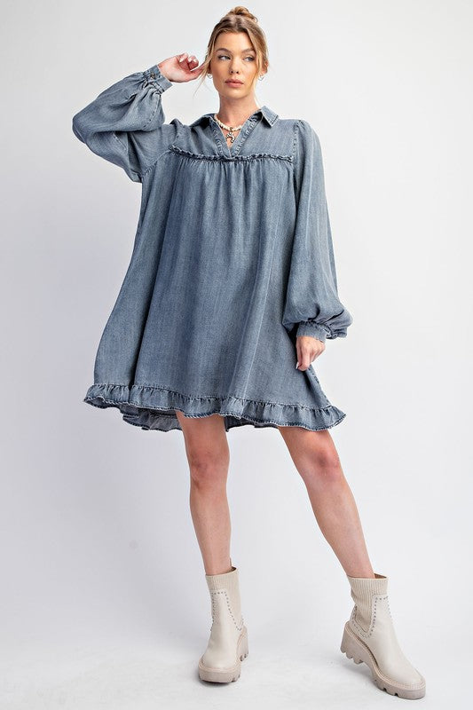 Washed Denim Ruffle Bottom Dress Washed