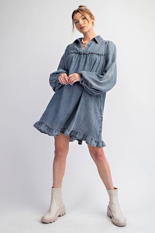 Washed Denim Ruffle Bottom Dress Washed